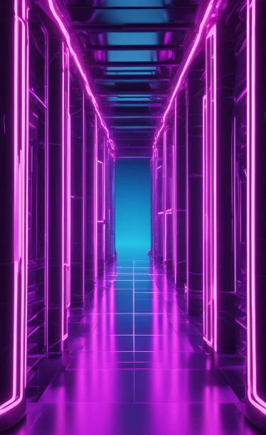 istock Futuristic Modern neon light purple blue as corridor and water distort reflect Space. 3D Render 1622834467
