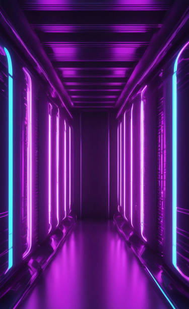 istock Futuristic Modern neon light purple blue as corridor and water distort reflect Space. 3D Render 1622834994