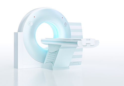 Computed axial tomography CAT scanner: imaging scan device in hospital. CT scan mashine, modern clinic high technology diagnostic, x-ray, cat, mri magnetic resonance medical equipment 3d illustration