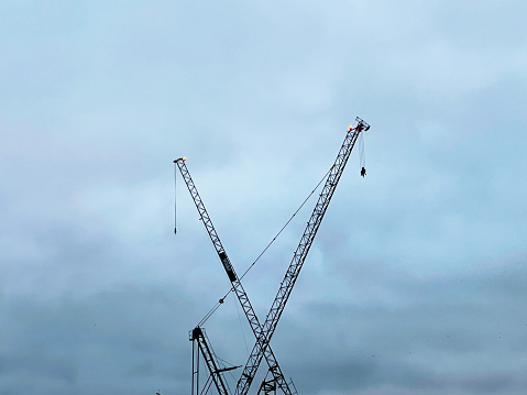 Cranes silhouetted against an overcast sky
