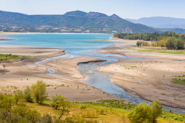 Views from Claverol. Sant Antoni Reservoir, Drough august 2023,  low water level. stock photo