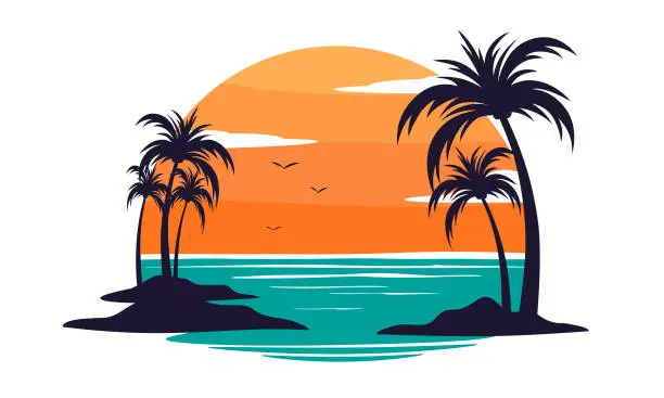 Vector illustration of Tropical paradise emblem with palm trees and sunset