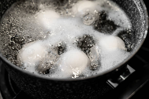 le uova di gallina vengono bollite in una pentola d'acciaio sul fornello incorporato. uovo sodo - hard cooked egg foto e immagini stock