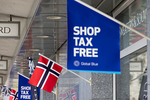 Tax free shopping banner outside a shop in bergen in Norway