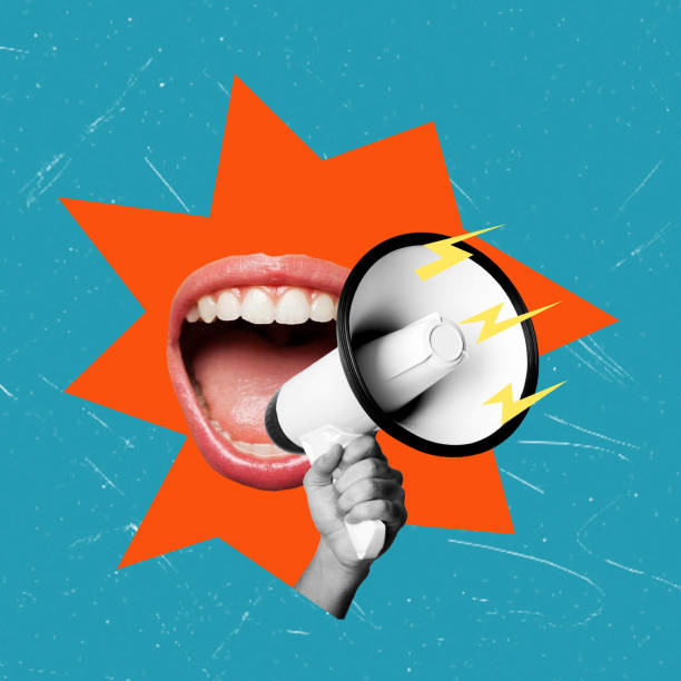istock Female mouth screaming with a megaphone in the background. Modern design, modern creative art collage. 1622897472