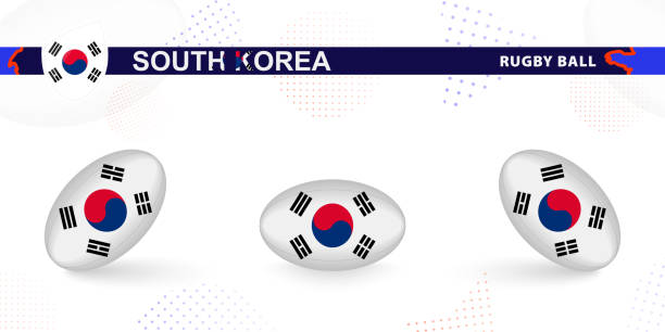 istock Rugby ball set with the flag of South Korea in various angles on abstract background. 1622907880