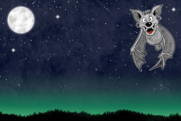 ilustraciones, imágenes clip art, dibujos animados e iconos de stock de ilustración de un murciélago de dibujos animados en el cielo nocturno con espacio de copia y estrellas - bat moon outdoors nature