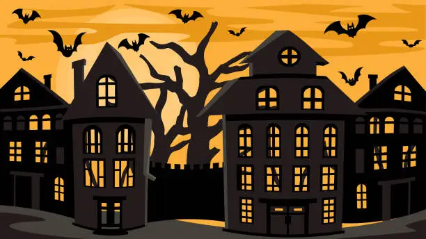 Vector illustration of Halloween night in the city, old houses, moon light and bats