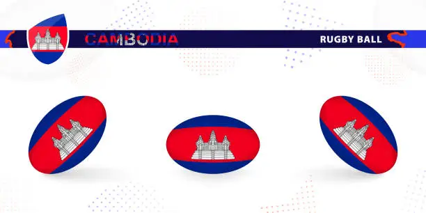 Vector illustration of Rugby ball set with the flag of Cambodia in various angles on abstract background.