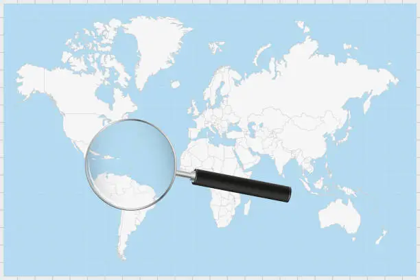 Vector illustration of Magnifying glass showing a map of Saint Vincent and the Grenadines on a world map.