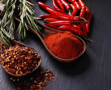 Variety of raw Authentic Indian Spice Powder on bowl. Focus on Chilli Powder in full-frame.