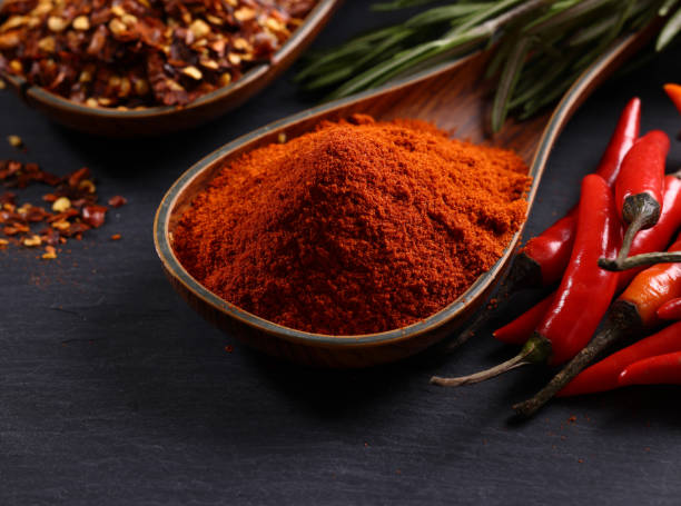 red chili peppers, fresh dried and ground to powder - paprika imagens e fotografias de stock
