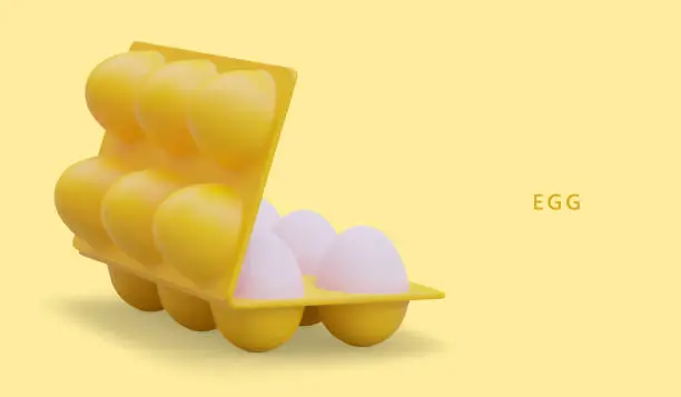 Vector illustration of 3D tray of eggs on yellow background. Natural ingredient for cooking food