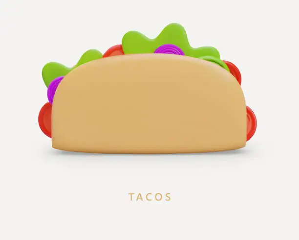 Vector illustration of Tasty taco, front view. Stuffed crispy tortilla with filling. Delivery of portioned meal