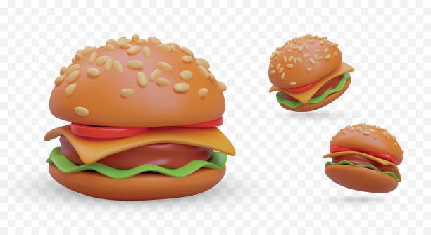 istock Set of realistic layered burgers in different positions. Round bun sprinkled with sesame seeds 1623003411