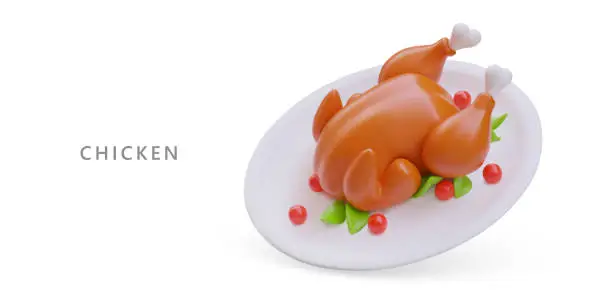 Vector illustration of Realistic baked chicken on white plate. Roasted poultry with berries and herbs