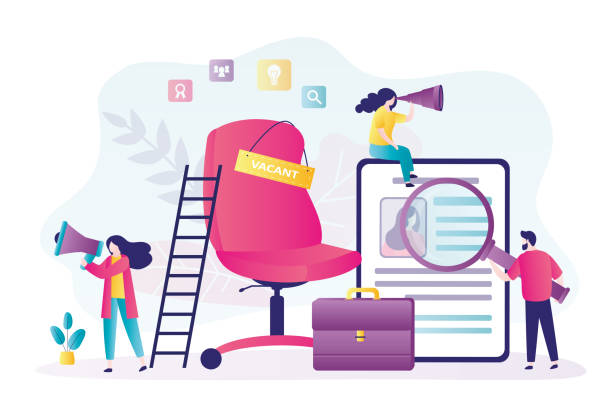 We are hiring, placard - vacant on an empty office chair. Recruitment process, HR agency select for new employees. Job interview, team of hr specialists in search of staff. We are hiring, placard - vacant on an empty office chair. Recruitment process, HR agency select for new employees. Job interview, team of hr specialists in search of staff. flat vector illustration cartoon of a searching stock illustrations