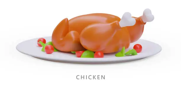 Vector illustration of 3D fried chicken. Served turkey with cranberries, classic Thanksgiving dish