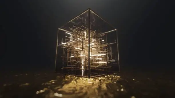3d render Floating golden cube on golden water with neon lines inside in the form of a labyrinth in 4k