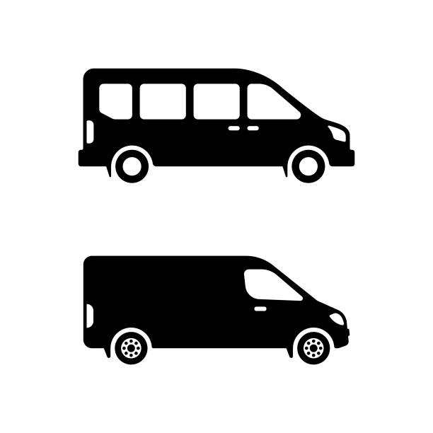 illustrazioni stock, clip art, cartoni animati e icone di tendenza di set di icone di minibus o scuolabus. - station wagon