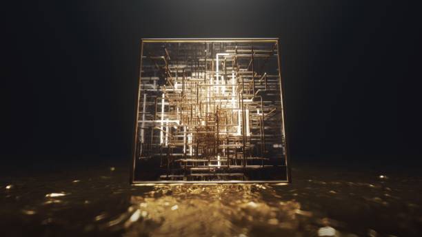 istock 3d render Floating cube on golden water with neon lines inside in the form of a labyrinth 1623017288