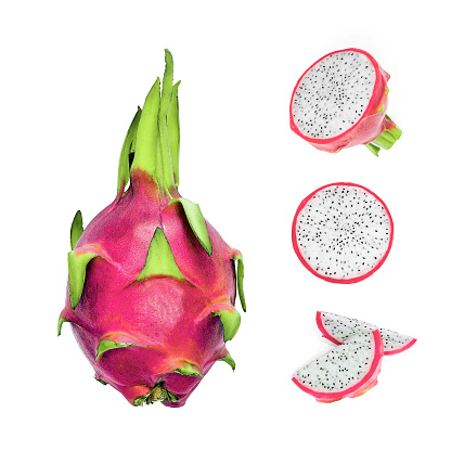 Dragon fruit or pitaya pieces set isolated on white background. Package design element