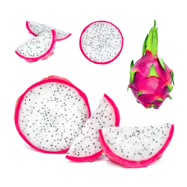 istock Fresh whole, half and sliced dragon fruit or pitahaya (pitaya) isolated on white background. Package design element 1623025823