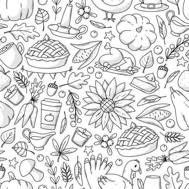 Thanksgiving black and white seamless pattern with doodles Thanksgiving monochrome seamless pattern with doodles for coloring pages, packaging, wallpaper, wrapping paper, textile prints, backgrounds, etc. EPS 10 wallpaper pattern retro revival autumn leaf stock illustrations