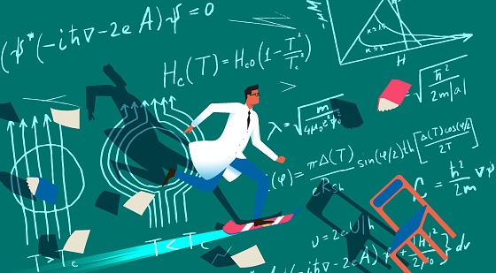 Scientist on a hoverboard. Superconductor, antigravity concept. Crazy science. Vector illustration.