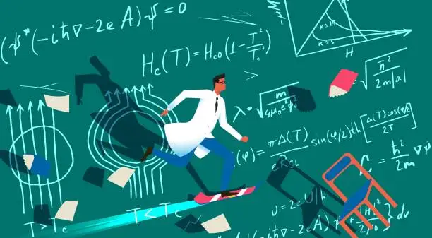 Vector illustration of Scientist on a hoverboard vector illustration.