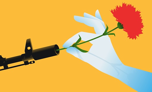 Hand putting a red flower into a barrell of a gun. Peace concept, stop war. Vector illustration.