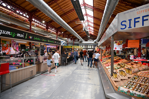 Colmar, France, July 26, 2023 - Market hall in the historic old town of Colmar.