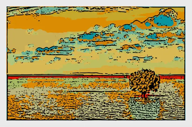 Vector illustration of colors art engraving nature lake landscape pattern illustration background