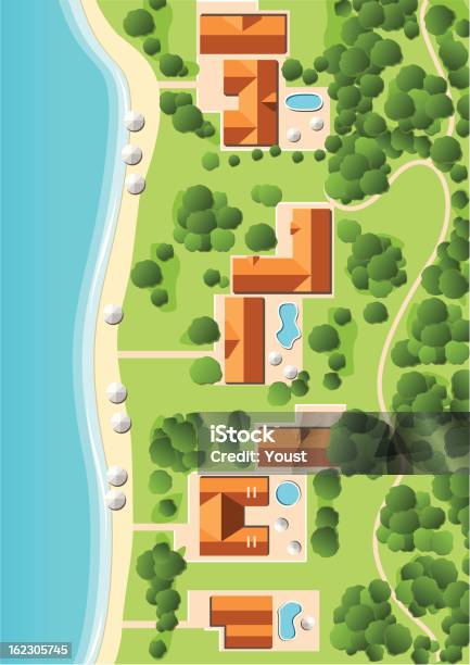 Resort With Coastline Stock Illustration - Download Image Now - High Angle View, Aerial View, Tree