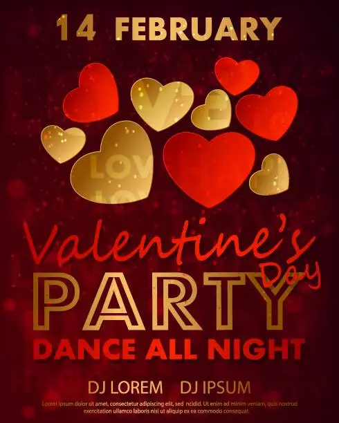 Vector illustration of Poster for Valentines Day party, dance template with gold and red paper hearts and lettering love, happy. Vector illustration for Holidays.