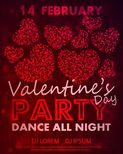 Vector illustration of Poster for Valentines Day party, dance template with red foil hearts and lettering love, happy. Vector illustration for Holidays.