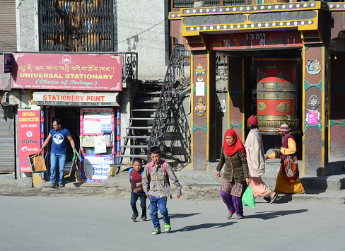 Ladakh, India - Jul 16, 2015. People at the main market in Ladakh, India.