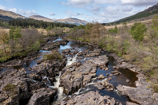 waterfalls on the river orchy on scotland elevated view summer day