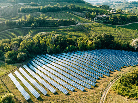 Aerial view of a solar farm in the countryside. Environment and green energy concept.