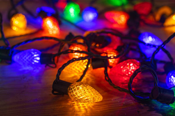 Holiday Christmas lights background copy space selective focus design stock photo