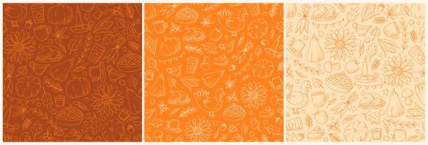 ilustrações de stock, clip art, desenhos animados e ícones de autumn and thanksgiving seamless patterns with doodles - thanksgiving