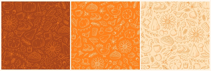 istock Autumn and Thanksgiving seamless patterns with doodles 1623088441