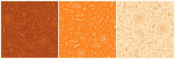 Autumn and Thanksgiving seamless patterns with doodles autumn and thanksgiving set of semaless patterns. Fall patterns collection with doodles for wallpaper, wrapping paper, scrapbooking, backgrounds, packaging, textile prints, etc. EPS 10 happy thanksgiving stock illustrations