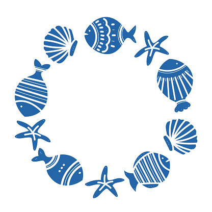 istock Round frame of ornamental fish pattern. Frame with decorativ blue fish. Hand drawn marine illustrations of fish and sea elements. Summer sea beach style. 1623097772