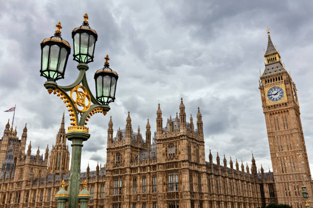 Big Ben and the houses of parliament in London from Westminster Bridge Big Ben in London with the houses of parliament and ornate street lamp on Westminster Bridge westminster bridge stock pictures, royalty-free photos & images