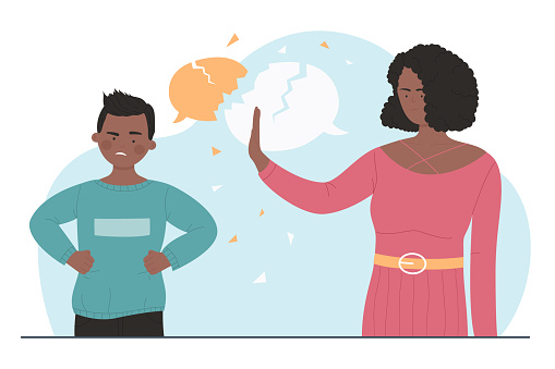 Misunderstanding between parent and child vector illustration. Cartoon mother showing stop gesture to angry son speaking arguments in dispute, speech bubbles with cracks over heads of woman and boy