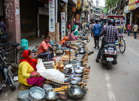 Delhi, India - Jul 26, 2015. Street market in Old Delhi, India. Delhi is said to be one of the oldest existing cities in the world, along with Jerusalem and Varanasi.