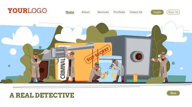 Vector illustration of Spy investigator landing. Police characters. Surveillance people. Persons find evidences. Crime investigation cover. Secret document. Espionage concept. Vector website banner design