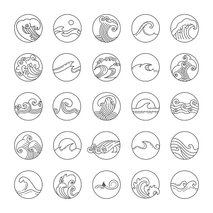 Round ocean emblems. Doodle marine waves. Minimal ripple details. Sea pins or icons. Water streams. Liquid splashes. Minimalistic oceanic logo. Circle line signs. Vector current outline pictograms set