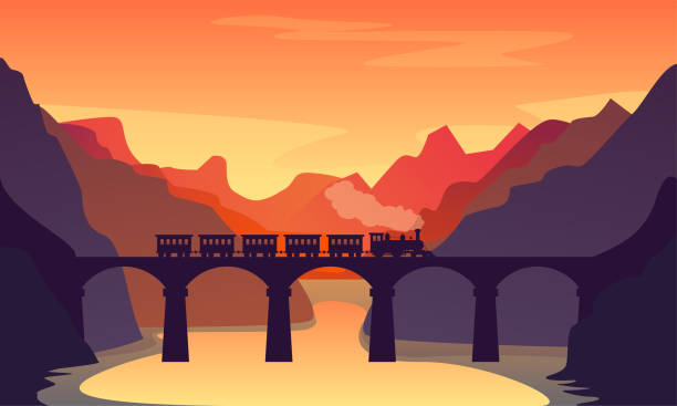Cartoon Color Vintage Locomotive Train on Railway Bridge Landscape Scene Concept Flat Design Style. Vector illustration of Panorama View